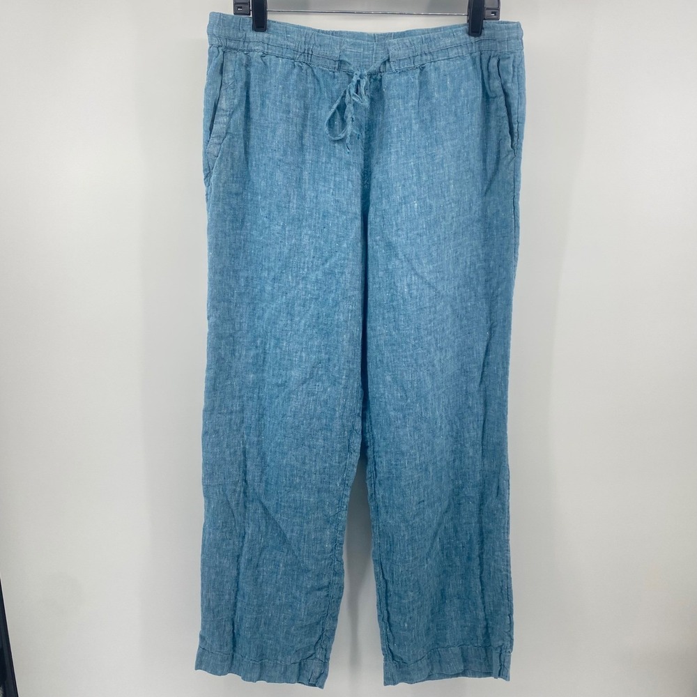Charter Club Linen Pants Women Large Blue Elastic Drawstring Straight Leg Luxury